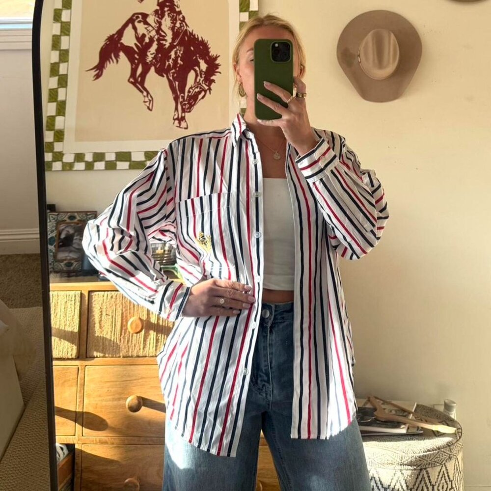 HUNTINGTON RIDGE RED BLUE WHITE STRIPED VINTAGE BUTTON DOWN LONG SLEEVE MENS M